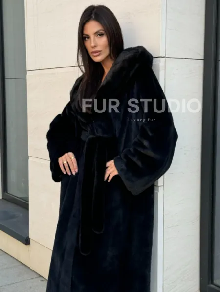 Норка кимоно BLACKGLAMA роспуск, капюшон кобра - фото 4