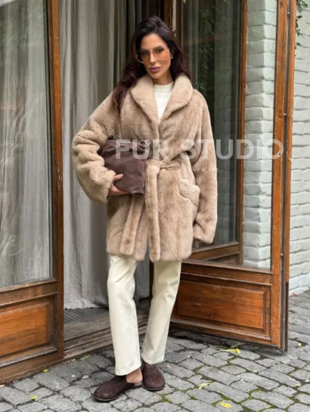 Норковый полушубок с воротником шаль - фото 9