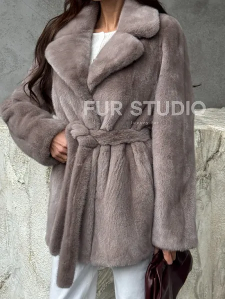 Норковая шуба - жакет с поясом - фото 1