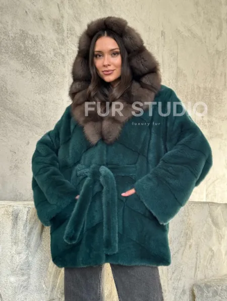 Шуба норка кимоно - капюшон куница - фото 7