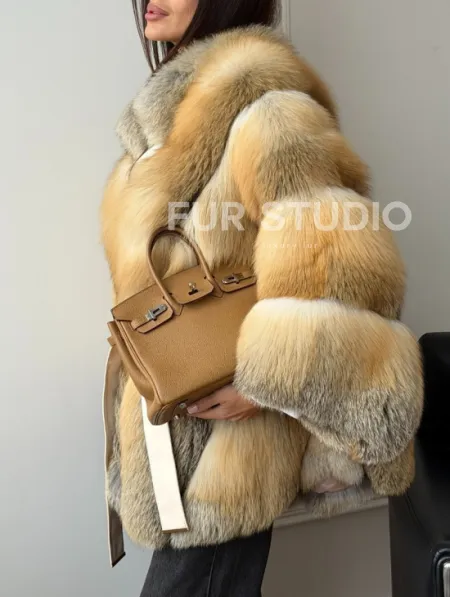 Шуба - пончо из лисы с поясом - фото 4