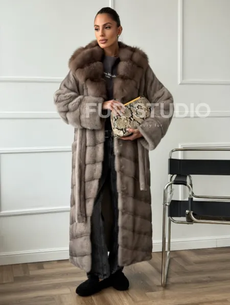 Шуба-кимоно норка в пол с капюшоном куница - фото 8