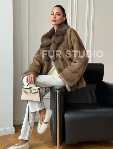 Норковый полушубок - воротник куница - фото 10
