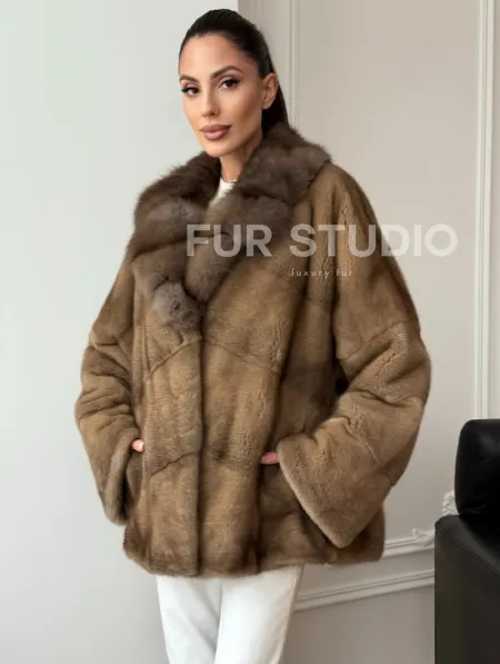 Норковый полушубок - воротник куница - фото 0