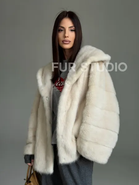 Норковый полушубок с капюшоном кобра - фото 0