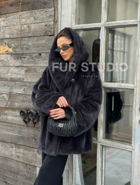 Шуба норковая с капюшоном - цвет графит - фото 8
