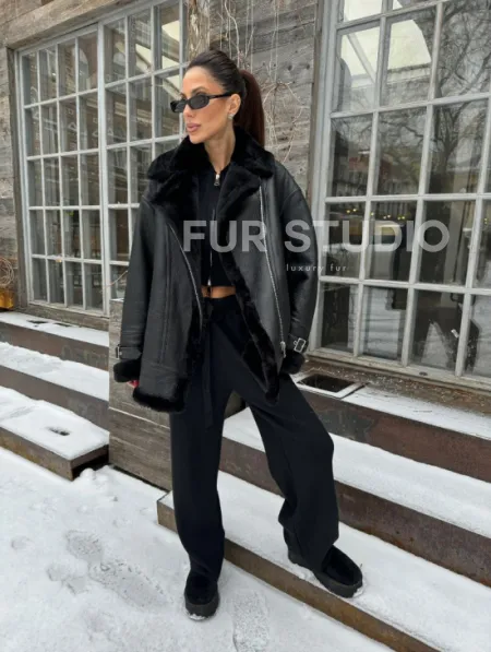 Черная дубленка авитор на овчине - фото 6