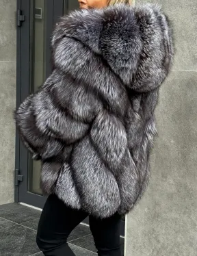 Шуба натуральная из чернобурки с капюшоном - фото 5