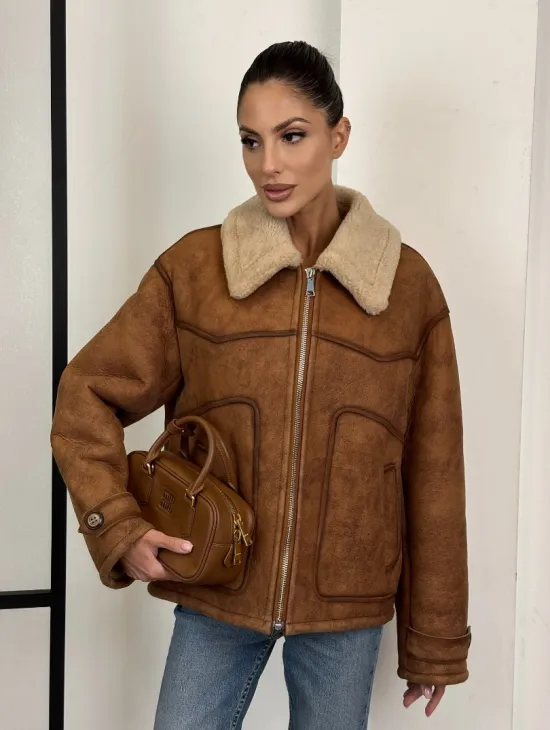 Зимняя короткая кожаная куртка из мериноса в стиле “Vintage” - фото 0