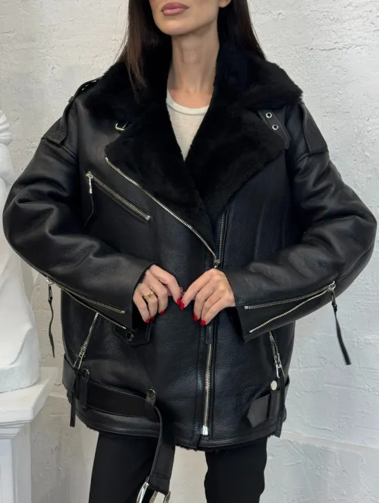 Дубленка зимняя авиатор из натуральной овчины - цвет черный - фото 3