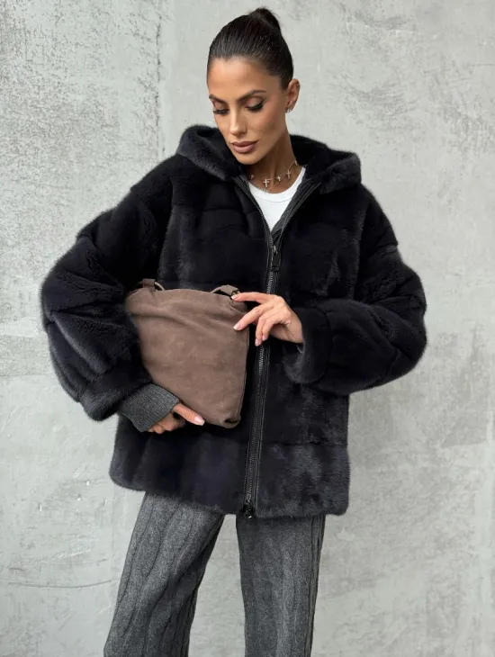 Норковый полушубок - куртка из меха норки с капюшоном графит - фото 3