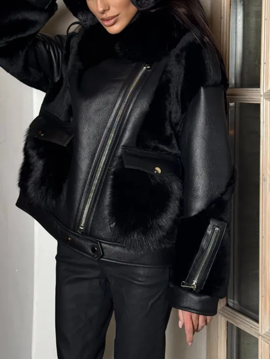 Черная дубленка на молнии с меховым воротником из финского песца - фото 1