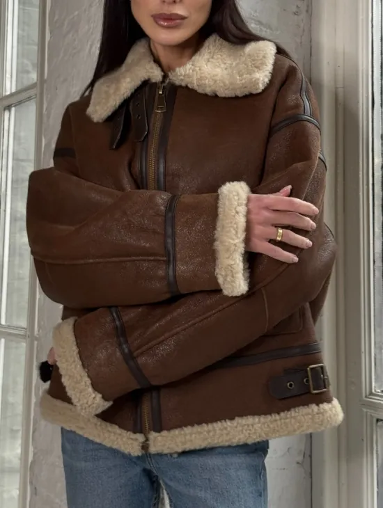 Женская короткая дубленка Brown vintage из натуральной овчины кёрли - фото 2