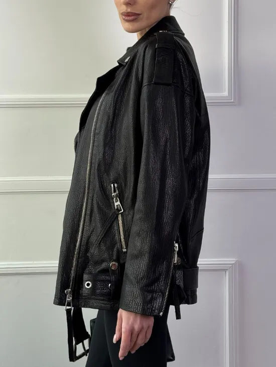 Классическая женская байкерская куртка - косуха из натуральной черной кожи Jumbo - фото 3