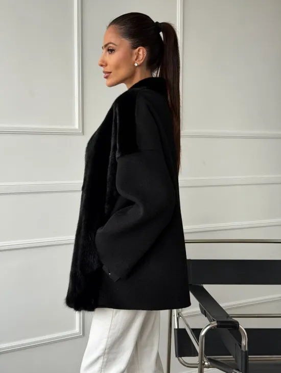 Полупальто демисезонное шерстяное с отделкой из меха норки - фото 3