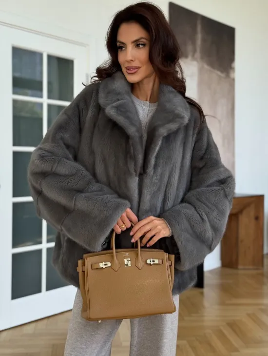 Норковая шуба цвет - серый графит - фото 5