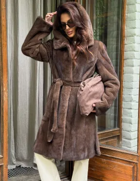 Норковая шуба с капюшоном - цвет орех - фото 4