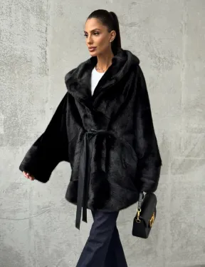 Полушубок черный норковый с капюшоном - фото 9