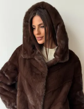 Коричневая норковая шуба с капюшоном - фото 8