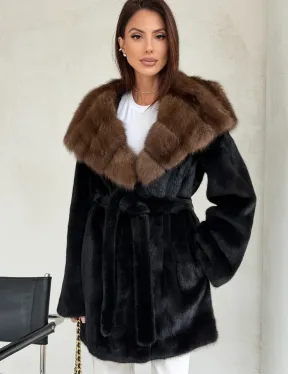 Черная шуба в роспуск с капюшоном соболь - фото 6