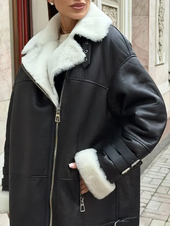 Дубленка авиатор длинная на белой овчине - фото 2