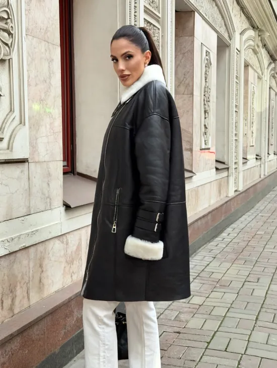 Дубленка авиатор длинная на белой овчине - фото 6