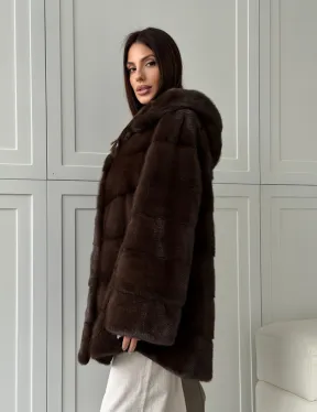 Норковая шуба в стиле «рубашка» с капюшоном - фото 12