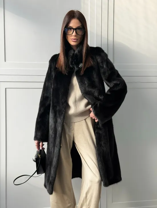 Черная норковая шуба - воротник стойка - фото 11