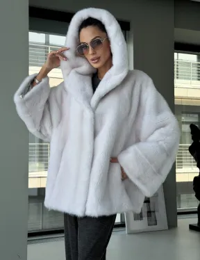 Белый норковый полушубок с капюшоном кобра - фото 6