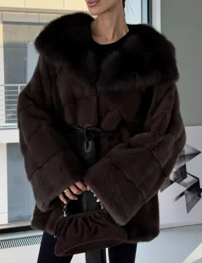 Норковая шуба кимоно с капюшоном куница - фото 4