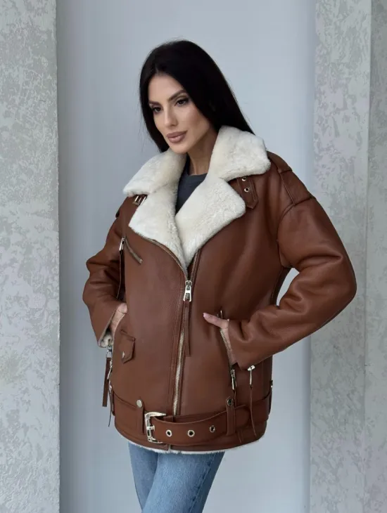 Дубленка авиатор из натуральной кожи в цвете виски - фото 13