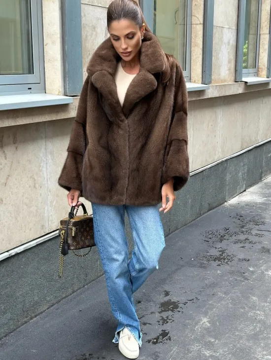 Норковый полушубок с английским воротником - цвет орех - фото 4