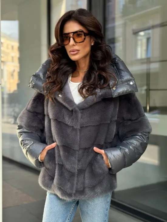 Норковый пуховик/жилет 2в1 - светлый графит - фото 0