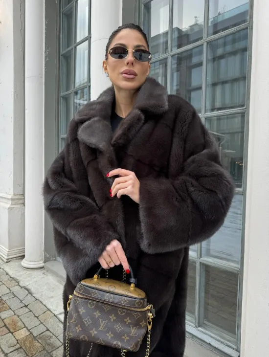 Норковая шуба с английским воротником - цвет уголь - фото 2