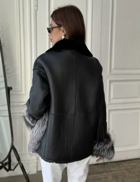 Дубленка с мехом чернобурки - цвет черный - фото 1