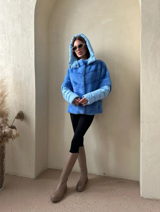 Норковый пуховик/жилет 2в1 - цвет голубой - фото 6