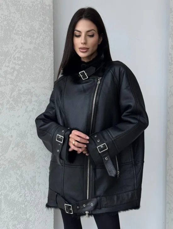 Черная дубленка - авиатор на тоскане - фото 3