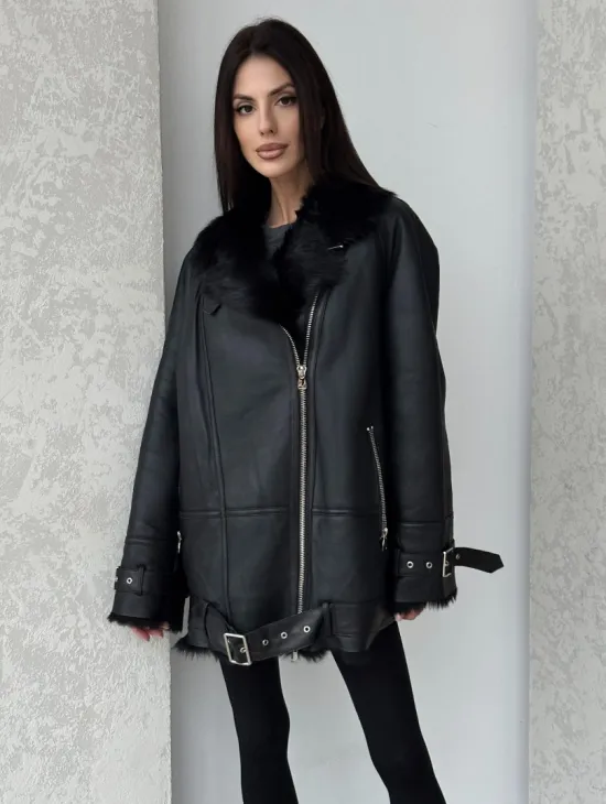 Черная дубленка - авиатор на тоскане - фото 0