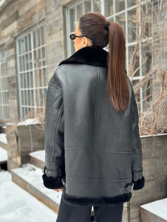 Черная дубленка авитор на овчине - фото 2