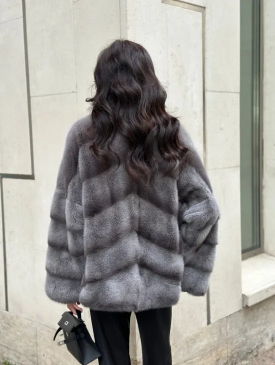 Норковый полушубок с английским воротником - цвет Platinum - фото 8